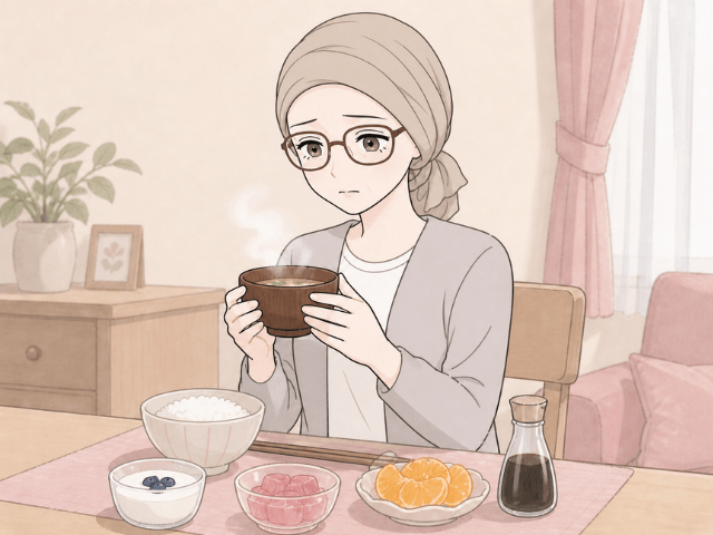 抗がん剤治療中の味覚障害で、味噌汁の味がわからず戸惑う女性の漫画イラスト