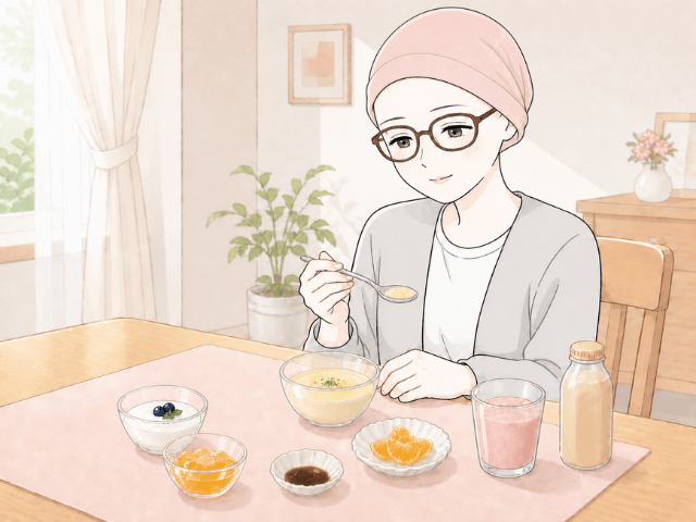 味覚障害の時期に食べやすいゼリーやヨーグルト、冷製スープなどを並べた食卓の漫画イラスト
