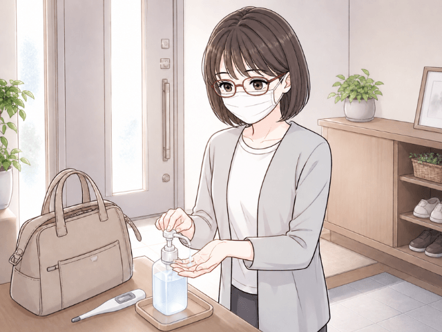 白血球減少に備えて、マスクや手指消毒など感染症対策をする女性の漫画イラスト