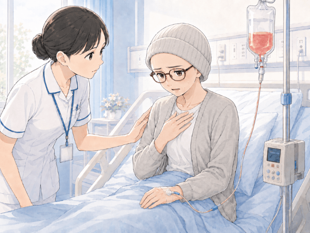 FEC療法の1回目の投与中に気分が悪くなり、看護師に見守られている女性の漫画