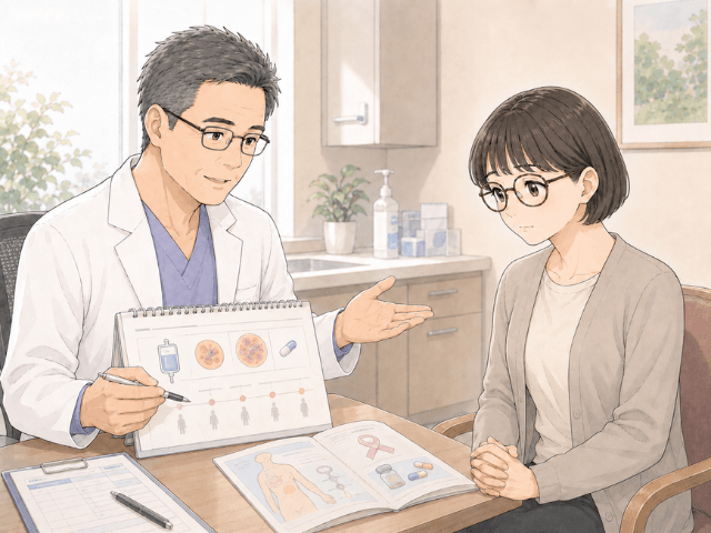 診察室で医師からFEC療法の説明を受ける50代女性の漫画