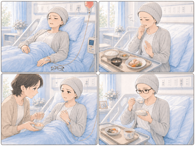 FEC療法後の倦怠感、吐き気、食欲低下、家族の支えを描いた4コマ漫画