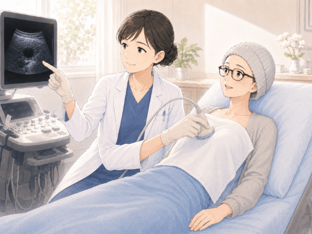 入院中の女性担当医によるエコー検査で、モニターを見ながら説明を受ける50代女性の漫画