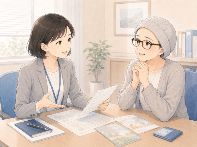 入院治療の費用について、病院の相談窓口で説明を受けている50代女性の漫画