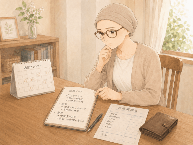 パクリタキセル治療中の不安や費用について、ノートと会計書類を前に考え込む女性のイラスト