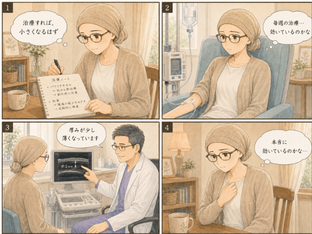 パクリタキセル治療中に効果を実感できず、約2mmの変化に戸惑う女性の4コマ漫画