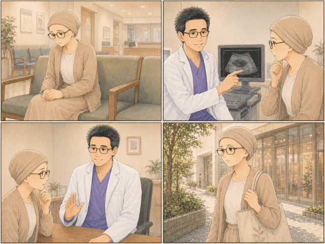 パクリタキセル12回後の結果を聞き、不安と戸惑いを抱えながら次の治療へ気持ちをつないでいく女性の4コマ漫画