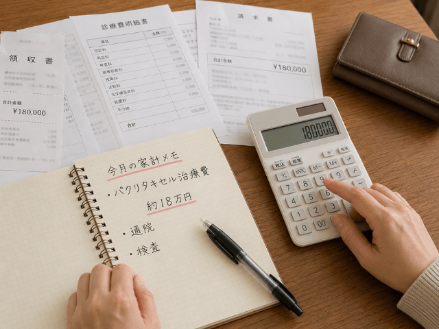 パクリタキセル治療費を家計ノートと電卓で確認している手元のイラスト