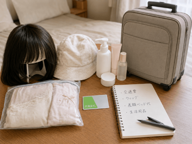 医療用ウィッグや帽子、交通費メモなど治療費以外に必要だったものを並べたイラスト