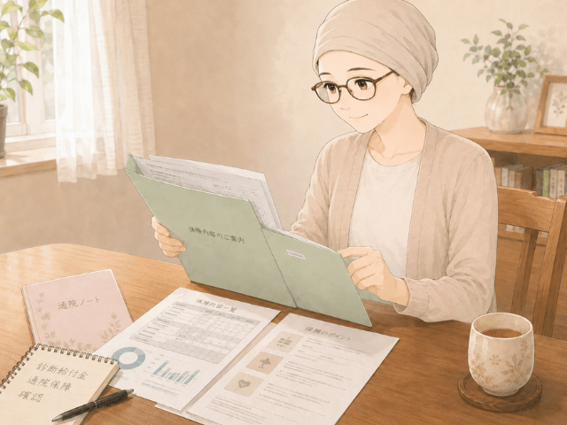 自宅で保険書類を確認し、診断給付金や通院保障についてメモを取る女性のイラスト