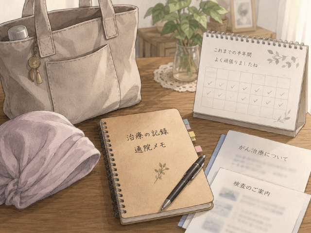 抗がん剤治療を終えたあとの治療ノートと通院バッグのイラスト