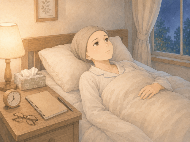 検査結果を聞く前夜に眠れず不安を抱える女性のイラスト