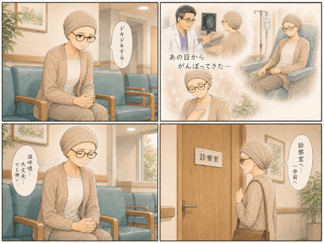 検査結果を聞く前に待合室で不安を抱える女性の4コマ漫画