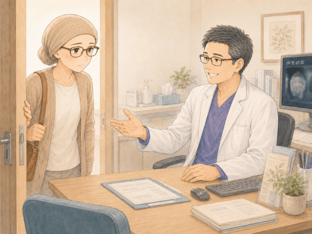 診察室に入った女性を笑顔で迎える主治医のイラスト