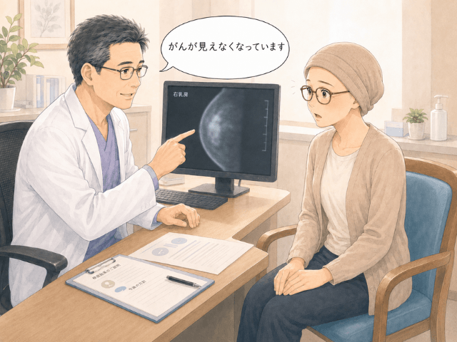 主治医から「がんが見えなくなっています」と告げられる女性のイラスト