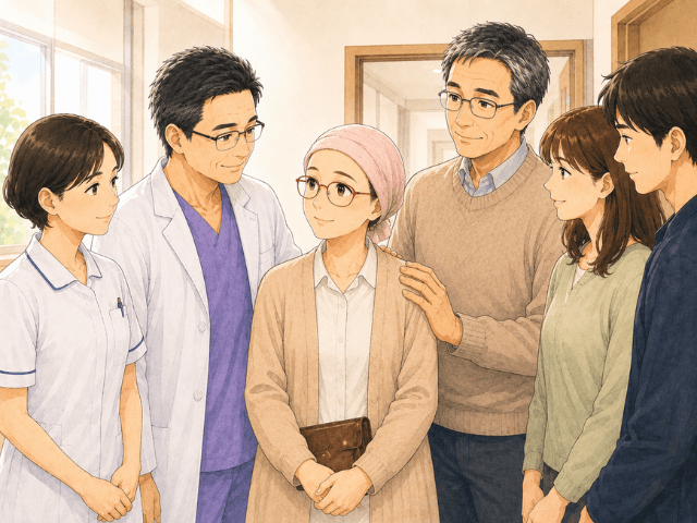 治療を支えてくれた医師や看護師、家族に囲まれる女性のイラスト