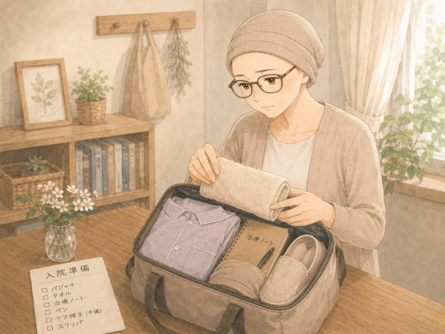 手術入院に向けてバッグを準備する女性のイラスト