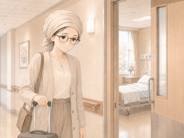 入院バッグを持った乳がん治療中の女性が病棟入口の前で不安そうに立ち止まっているイラスト