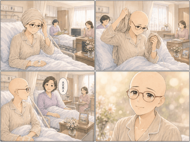 ケア帽を外すことに不安を感じていた女性が、病室で自然に受け入れられて安心する4コマ漫画