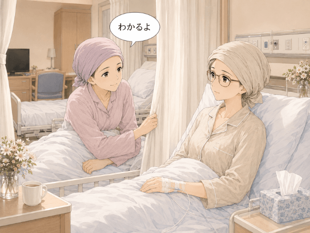 病室のカーテン越しに治療中の女性同士が会話し、隣の患者さんが「わかるよ」と声をかけているイラスト