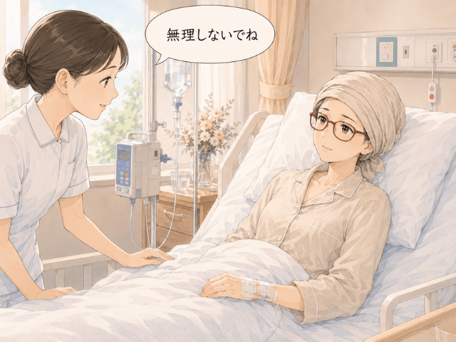 病室のベッドで休む乳がん治療中の女性に看護師が「無理しないでね」と声をかけているイラスト
