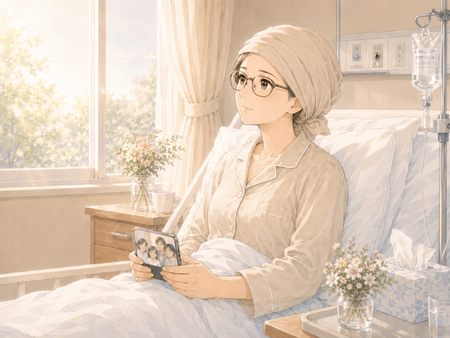 乳がん治療中の女性が病室の窓辺で家族の写真を見ながら前を向こうとしているイラスト