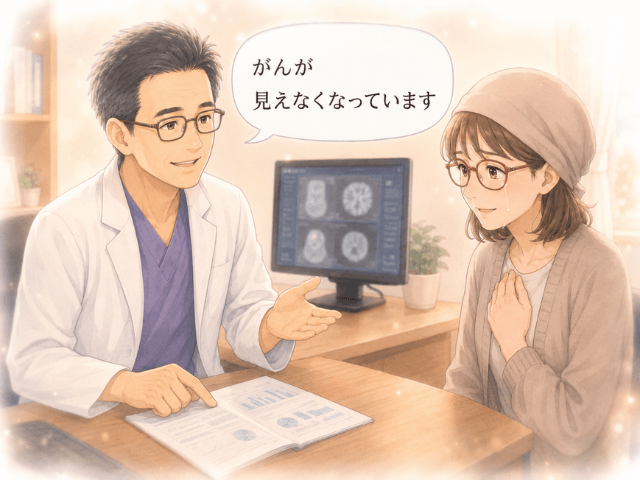診察室で主治医から「がんが見えなくなっています」と告げられ、安堵する女性のイラスト