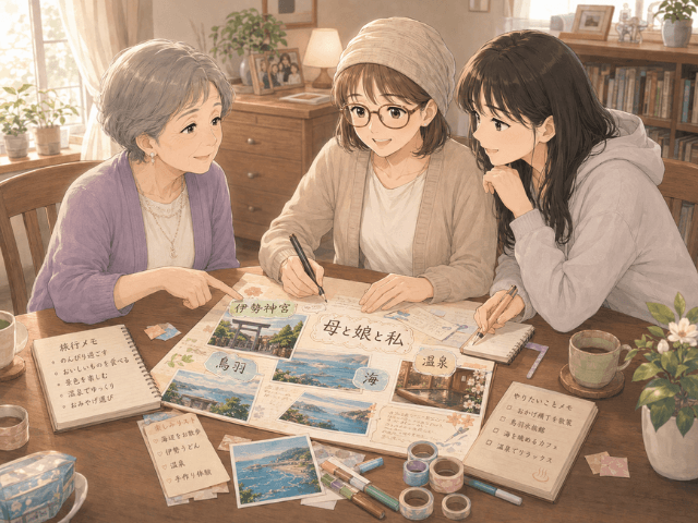 治療後の女性が母と娘との三重旅行のパンフレットを作っているイラスト