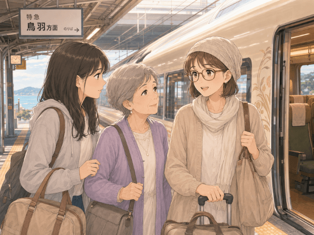 母と娘と一緒に特急電車に乗り込み、三重旅行へ向かう女性のイラスト