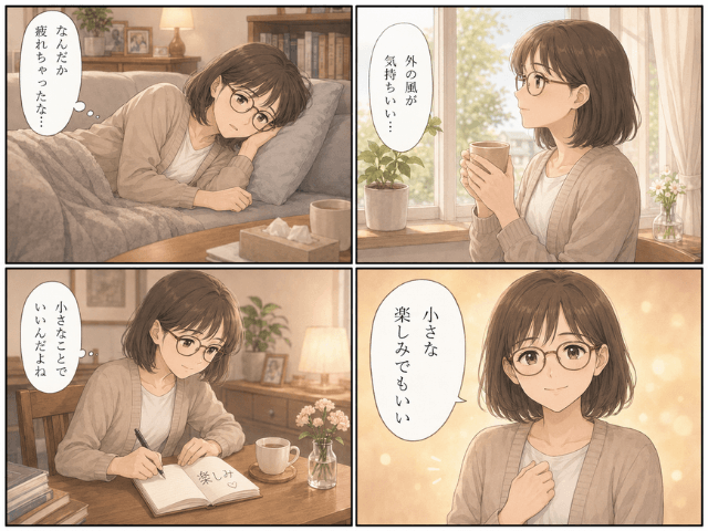 治療中の女性が小さな楽しみを見つけて心を支えようとする4コマ漫画
