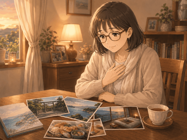旅行写真を見つめながら、母と娘への感謝を静かにかみしめている女性のイラスト