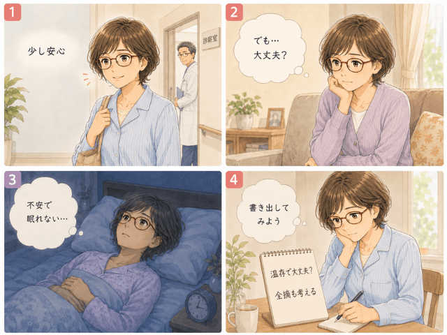 温存手術でよいのか不安になり、夜も考え続ける女性の4コマ漫画
