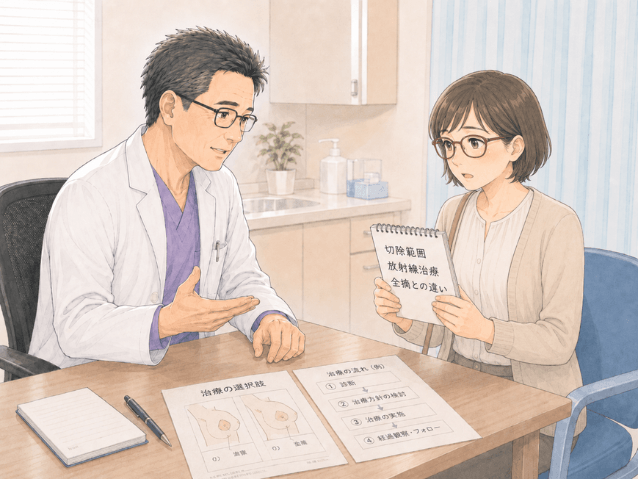 診察室で手術への不安をメモにして主治医に確認する女性のイラスト