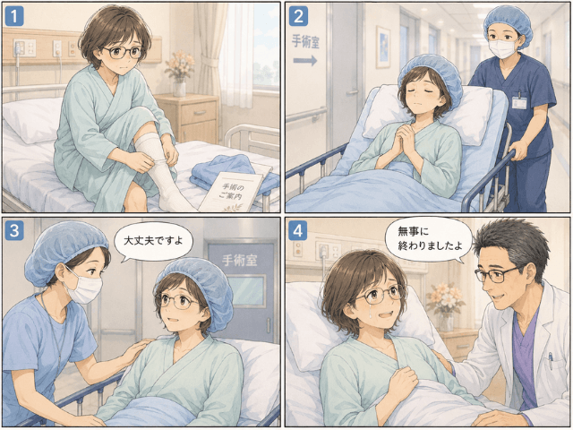 乳がん手術当日の緊張から、無事に終わった安堵までを描いた4コマ漫画