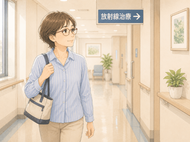 乳房温存手術後に、次の放射線治療へ向かう女性のイラスト