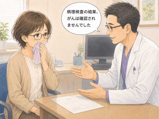 病理検査でがんが確認されなかったと聞き、診察室で涙する女性のイラスト