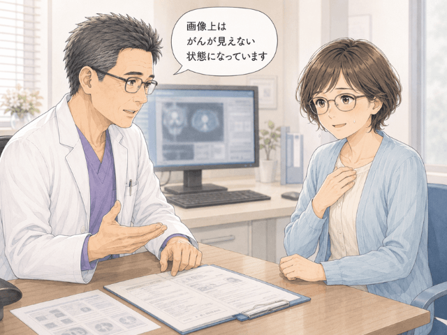 主治医から「画像上はがんが見えない状態」と説明を受け、安堵しながらも不安が残る表情を見せる女性のイラス