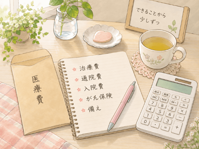 乳がん治療中の治療費や通院費、入院費、がん保険について家計ノートで整理するイラスト