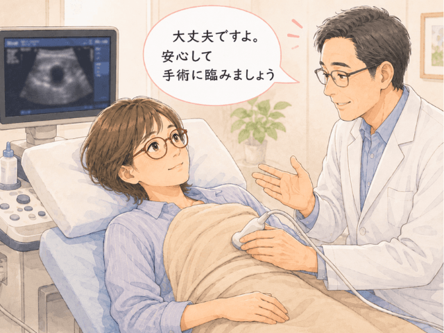 手術前日にエコー検査を受け、担当医の言葉に安心する女性のイラスト