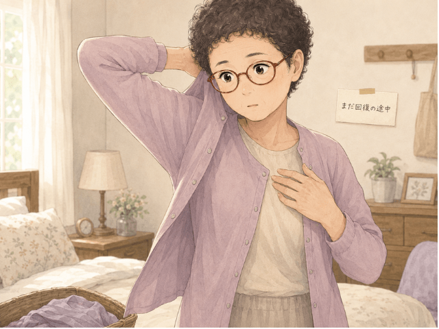 手術後の女性が着替えの途中で胸のつっぱりを感じているイラスト