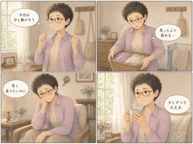 手術後の女性が少し動いただけで疲れを感じ、休むことを受け入れていく4コマ漫画