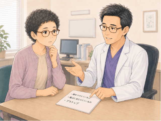 乳がん手術後の女性が診察室で主治医に下着選びについて相談しているイラスト