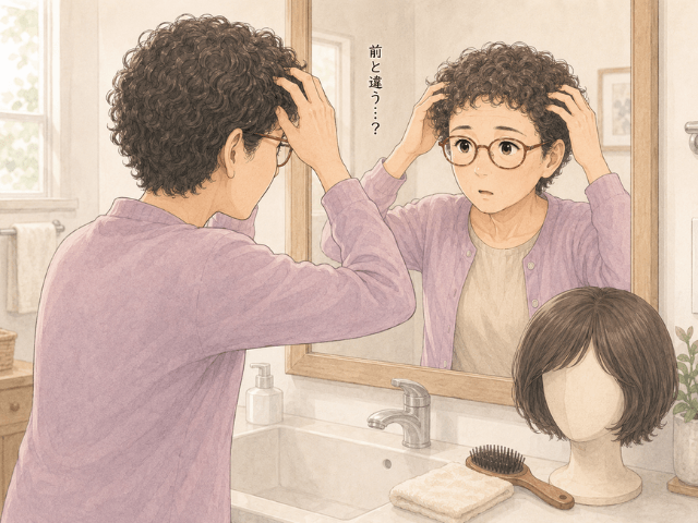 抗がん剤治療後に生えてきたくるくる髪を見て、鏡の前で驚く女性のイラスト