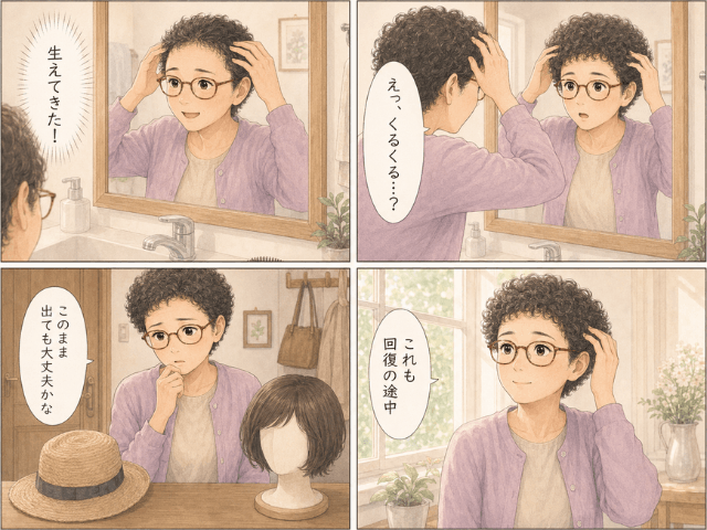 抗がん剤後に髪が生え始めた喜びと、くるくる髪への戸惑いを描いた4コマ漫画