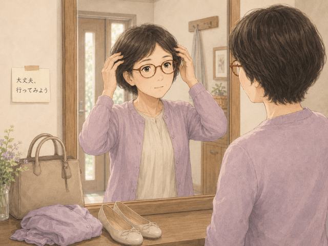 ウィッグをつけた女性が、外出前に鏡の前で気持ちを整えているイラスト
