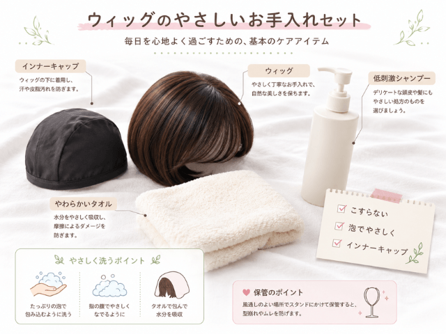 ウィッグ、インナーキャップ、タオル、低刺激シャンプーを並べた頭皮ケアの資料風イラスト