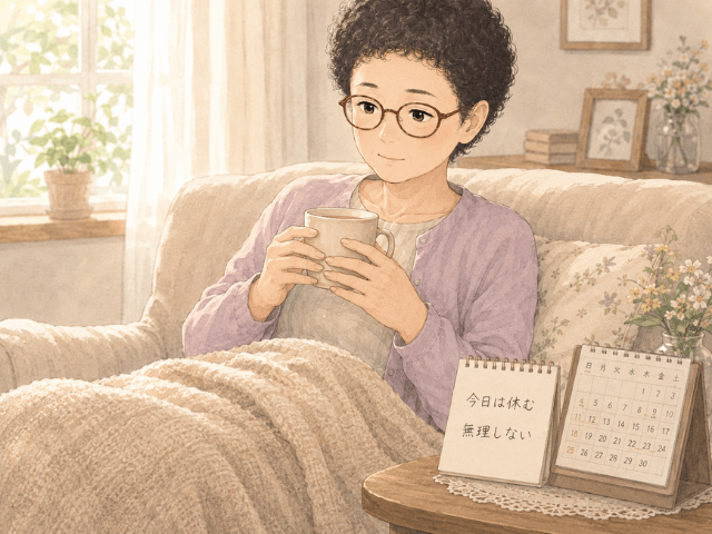 乳がん手術後の女性が、ソファで温かい飲み物を持ちながら休んでいるイラスト