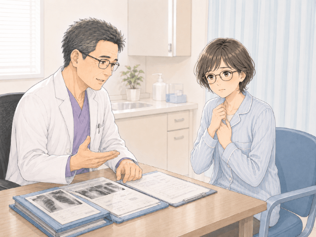 医師から肺炎と入院について説明を受け、不安そうに話を聞く女性