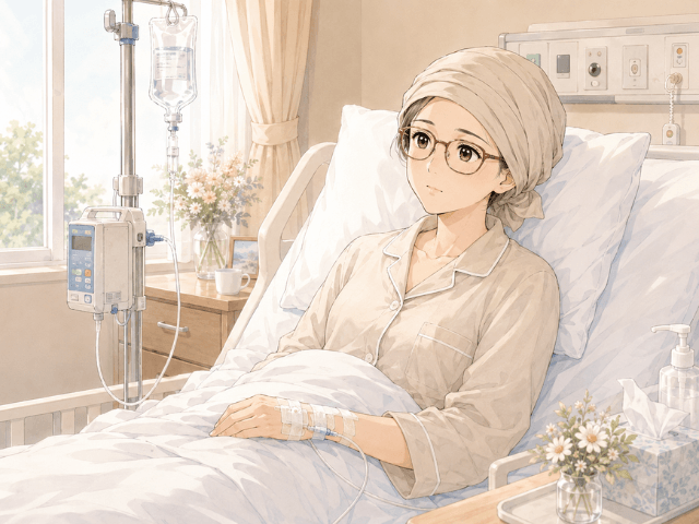 ステロイドの点滴治療を受けながら、長い入院生活を過ごす女性