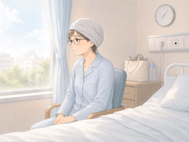 退院の見通しが立たず、病室の窓の外を見つめながら気持ちが沈んでいる女性